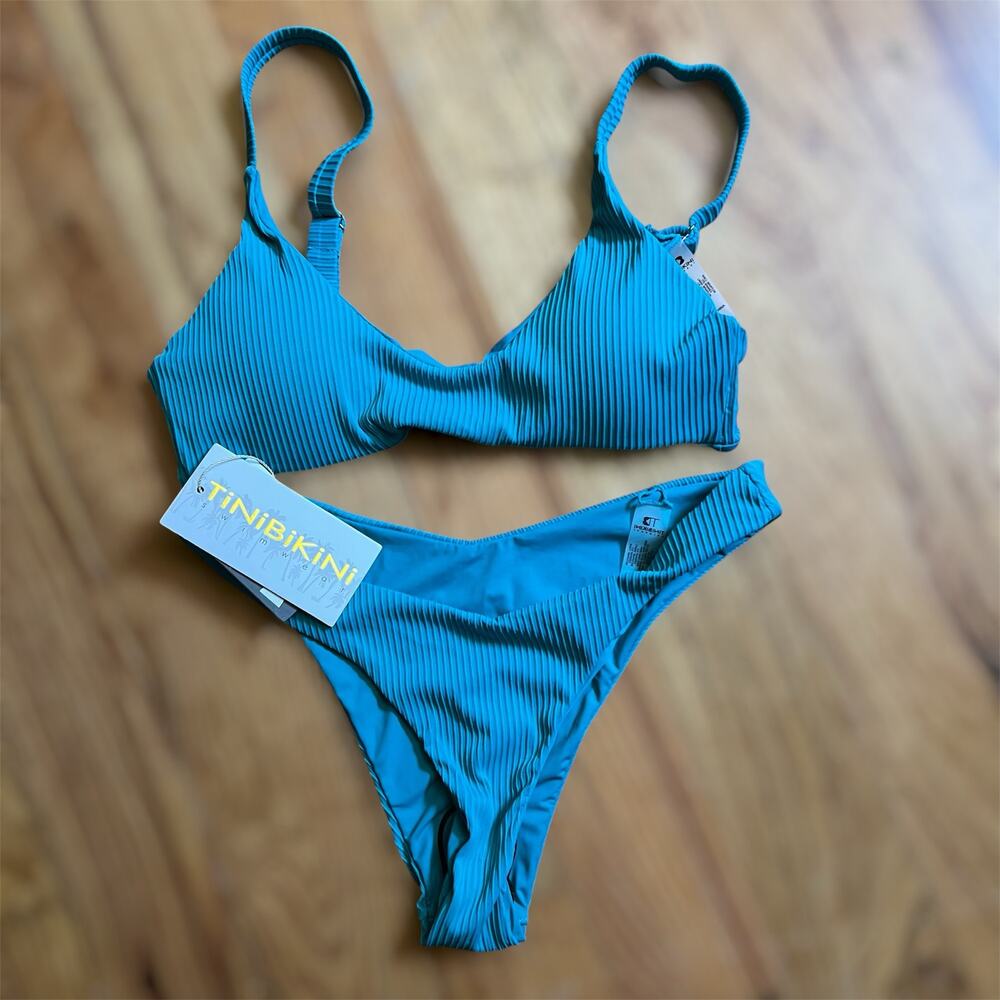 TiniBikini Swimwear 2 Piece Bikini Small Womens Teal Blue High leg Cheeky Beach
